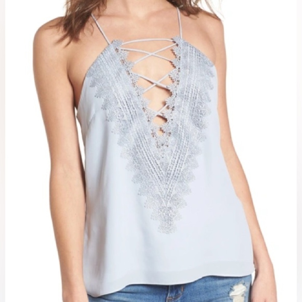 Wayf Blue Lace Up Spaghetti Strap Blouse Flowy Spring Easter Summer Tank Top